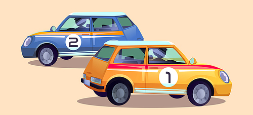 Race cars, cartoon rally auto with drivers. Racing automobiles of blue and orange colors with numbers on door prepare for track. Racetrack sport vehicles with pilots inside. Vector illustration