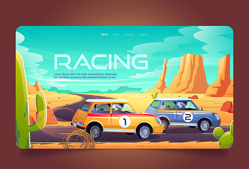 Racing in desert cartoon landing page, race cars tournament, auto rally competition, drivers in automobiles road track at grand canyon landscape. Racetrack sport vehicles adventure Vector web banner