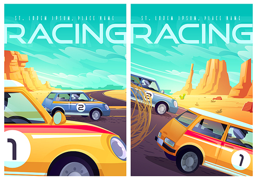 Racing posters with sport cars on road in desert with cactuses, rocks and tumbleweed. Vector flyers of rally with cartoon illustration of hot desert landscape and speedway with race vehicles