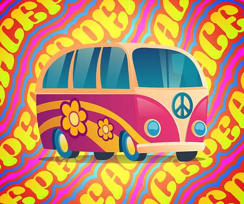 Hippie bus with peace and love label and flowers. Pink vintage van, retro wagon of sixties on colorful psychedelic background. Woodstock musical festival, hippy culture, Cartoon vector illustration