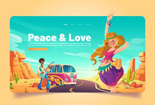 Peace and love banner with hippie people on road in desert. Vector landing page of hippy culture with cartoon illustration of vintage van, man with guitar and girl in desert with rocks and cactuses