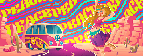 peace, love and music poster with hippie girl on road in desert with psychedelic  on background. vector cartoon illustration of vintage van and happy girl in desert with rocks and cactuses