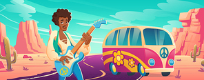 Hippie peace music, hippy black man playing guitar near pink bus with flowers ornament at desert highway. Culture of sixties, flowerchild guitarist musician singing song, Cartoon vector illustration