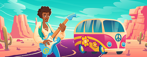 Hippie peace music, hippy black man playing guitar near pink bus with flowers ornament at desert highway. Culture of sixties, flowerchild guitarist musician singing song, Cartoon vector illustration