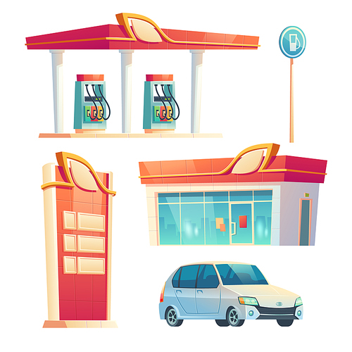 Gas station refueling service items car, building with glass facade, price display, pump hoses, vehicle petrol shop fuel selling, road urban objects for oil refill. Cartoon vector illustration, set