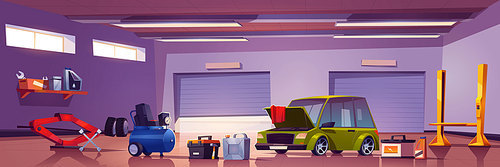 Car repair service mechanic garage with automobile and stuff for auto maintenance. Diagnostic center interior with tools, jack-screw, compressor, accumulator and lift, cartoon vector vehicle workshop