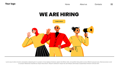 We are hiring landing page, hr, recruitment concept with business people search candidate for job making announcement with loudspeaker. Human resource service, Cartoon line art flat vector web banner