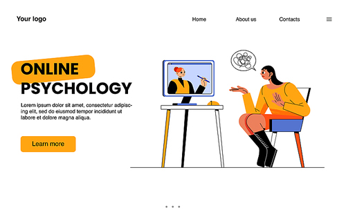 Online psychology landing page. Depressed woman with tangled thoughts consulting with therapist on computer screen. Distant mental helpline with psychologist, Cartoon flat vector line art web banner