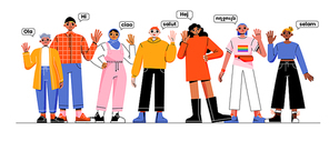 Diverse people group say hello on different foreign languages and waving hands. Multinational happy young male and female characters greetings, friendly gestures, Line art flat vector illustration