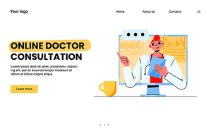 Online doctor consultation banner. Concept of telemedicine, remote healthcare. Vector landing page of digital service for medical consult with flat illustration of woman physician on computer screen