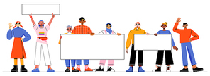 Group of diverse people holding blank banners and placards. Concept of multiracial community, protest demonstration. Vector flat illustration of multicultural characters with white posters