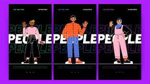 Posters with diverse people, multiethnic international characters. Vector vertical banners with multiracial young men and women, african american, arab and asian students
