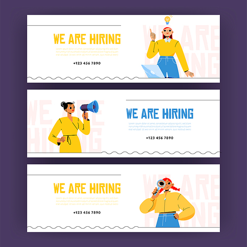 We are hiring banners, recruitment concept with hr managers search candidate making announcement. Characters with loudspeaker, light bulb and glass. Human resource service linear flat vector ad flyers