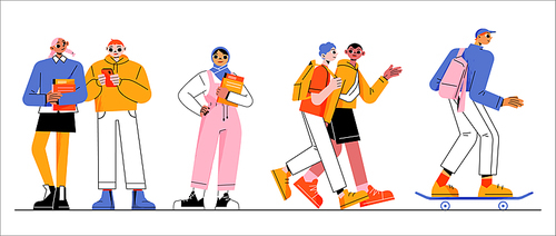 Group of students, multicultural young girls and boys with backpacks holding books and smartphones, riding skateboard. Happy teenagers characters in casual clothes. Linear flat vector illustration