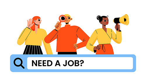 Job search banner, we are hiring recruitment concept with hr managers search candidate making announcement and browser bar. Characters with loudspeaker and glass. Human resource linear flat vector ads