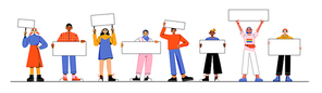 Different people with white banners and placards. Vector flat illustration of multiracial and multicultural group of characters with blank posters. African american, arab girls and men, lgbt person