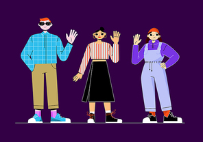 Multiracial people group, international students. Vector flat illustration of diverse characters, caucasian girl, asian woman and redhead man waving hands in hello gesture