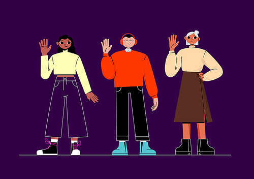 Group of different people, african american girl, caucasian man and elderly woman. Concept of diversity of human nation and age. Vector flat illustration of diverse characters waving hand