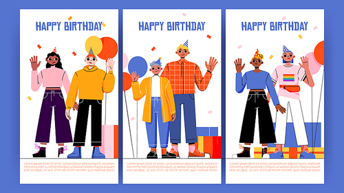 Happy birthday cards with diverse people celebrate together. Vector greeting posters with flat illustration of balloons, gift boxes, elderly woman, african american girl, caucasian man and lgbt person