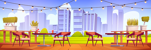 Cafe terrace with wooden tables, chairs, green lawn and city view. Vector cartoon illustration of empty patio of restaurant with drinks on table, plants and garland with light bulbs