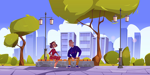Couple in city park, young man and woman sitting on bench having friendly conversation. Characters dating, spend time outdoors together at town garden with cityscape view, Cartoon vector illustration