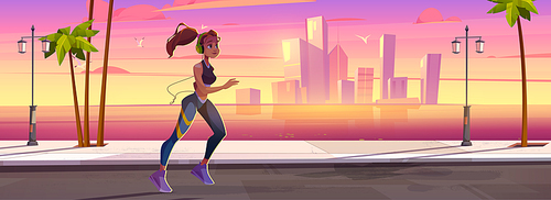 Young woman run on street on sea beach at sunset. Vector cartoon illustration with tropical landscape, ocean, town buildings on skyline and runner girl in headphones. Concept of healthy lifestyle