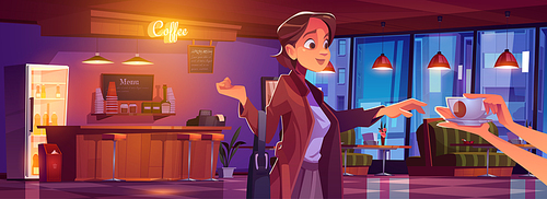 Woman visiting coffee shop, girl take cup of hot drink in cafe interior with cashier desk, chalkboard menu, tables with cozy couches and chairs. Visitor in night cafeteria, Cartoon vector illustration