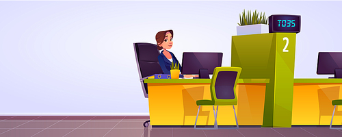 Bank worker sitting at desk with computer and chair for visitor, credit or financial department counter with female employee, banker woman in office provide services, Cartoon vector illustration