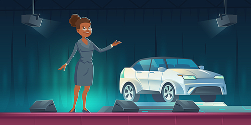 Car seller presenting modern automobile on show room stage, auto presentation in salon or exhibition with saleswoman and vehicle on scene with spotlights and curtains, Cartoon vector illustration