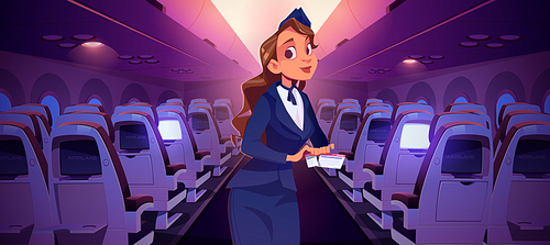 stewardess with ticket inside airplane cabin. woman air hostess check boarding pass. vector cartoon illustration of plane interior with empty chairs and girl in professional uniform with flight