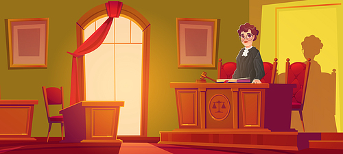 Woman judge in courtroom with wooden furniture, hammer and documents. Vector cartoon illustration of female lawyer in black robe and room interior in court house