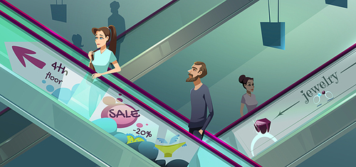 People on escalators in mall. Moving staircase, automatic ladder carrying man and woman up and down. Vector cartoon illustration of elevator stairs in shopping center