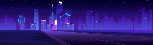 Road to night city, empty highway and glowing purple skyline with futuristic megapolis modern urban architecture with skyscraper buildings, towers on neon background, Cartoon vector illustration