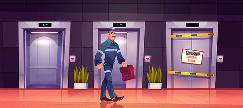 Technician mechanic at broken elevator with caution sign on lift doors, repair or maintenance service. Engineer with toolbox at doorway wrapped with warning yellow stripe, Cartoon vector Illustration