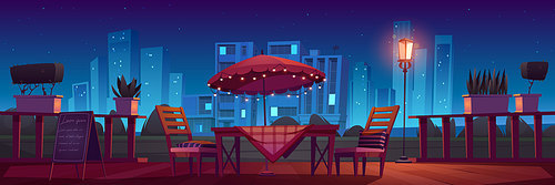 Cafe or restaurant terrace with table, umbrella and chairs at night. Vector cartoon illustration with outdoor cafeteria. Summer cityscape with cafe patio with plants and garland lights in evening