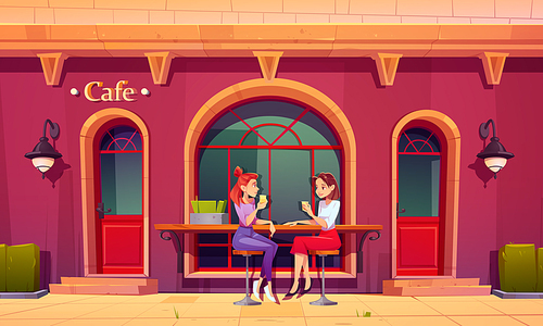 Girls on outdoor cafe terrace. Women drink tea and talking sit on high stools at wooden counter bar. Visitors relax in retro style coffee shop patio with table and chairs. Cartoon vector illustration