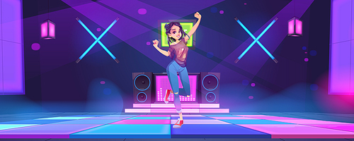Sexy girl dance at night club disco party, young woman dancing, moving body with raised hands. Teenager nightlife activity in bar with glowing floor and neon illumination, Cartoon vector illustration