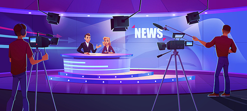 Tv presenters broadcasting news in modern television studio with cameraman, light equipment and earth on huge panoramic screen. Anchorman and newscaster reporting program, Cartoon vector illustration
