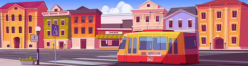 City street with houses, tram and empty car road with pedestrian crosswalk. Vector cartoon cityscape with tramway, urban landscape with residential buildings, store and railway on road