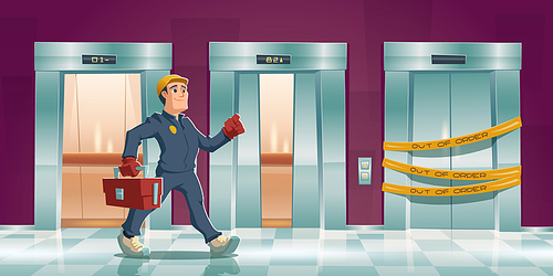 Repair man and out of order elevator with yellow stripes in house or office hallway. Vector cartoon corridor with open lift doors and mechanic with tool box. Maintenance service of broken elevator