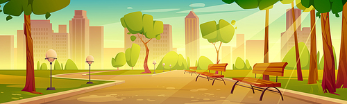 City park with benches summer scenery landscape. Urban garden with street lamps along pathway perspective view on cityscape background, empty public place with green trees, Cartoon vector illustration
