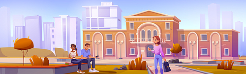University campus or library facade with students diversity. Multiracial young men and women with books and smartphones communicate at high school building front yard, Cartoon vector illustration