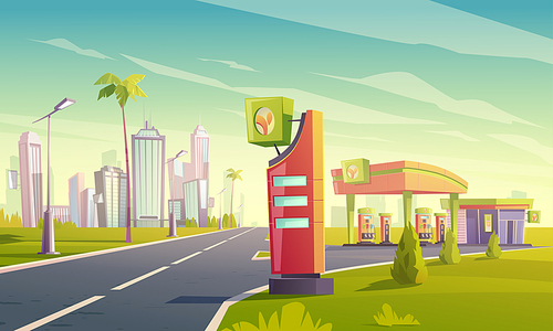 Gas and charger station with oil pump, cable with plug for electric car, market and prices display on road to tropical town. Vector cartoon cityscape with empty fuel filling station for hybrid vehicle