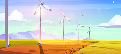 Sustainable energy farm with wind turbines on green field. Vector cartoon illustration of alternative power generation with summer landscape with windmills and mountains