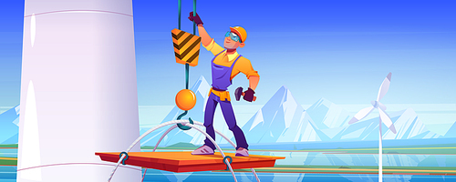Crane lift up worker man for wind turbine maintenance. Vector cartoon illustration of mountain landscape, river, energy plant with windmills and man in helmet with hammer