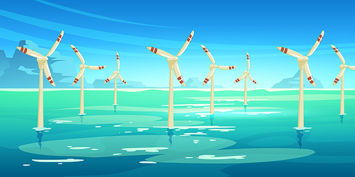 Offshore wind farm with turbines standing in sea. Vector illustration of alternative power generation, sustainable energy resources. Cartoon ocean landscape and windmills in water