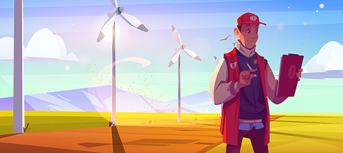Wind turbine technician man work on energy farm on green field. Vector cartoon illustration with summer landscape with windmills, mountains and man engineer