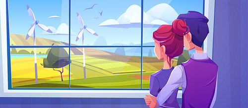 Man embrace girl and looking at window at rural landscape with fields and wind turbines. Vector cartoon illustration of couple standing in home and countryside with energy farm outside