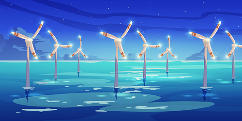 Night offshore farm with windmills in water, alternative wind energy generation turbines with glowing vanes under starry sky in ocean, renewable green sustainable power, Cartoon vector illustration