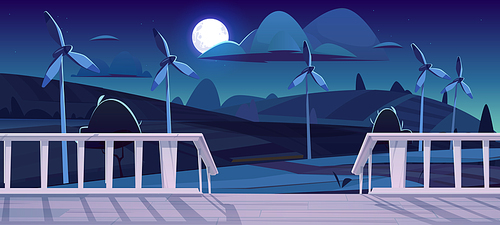 Farm with windmills at night view from terrace with wooden porch and white railings under dark sky with full moon. Alternative wind energy generation with turbine eco power Cartoon vector illustration